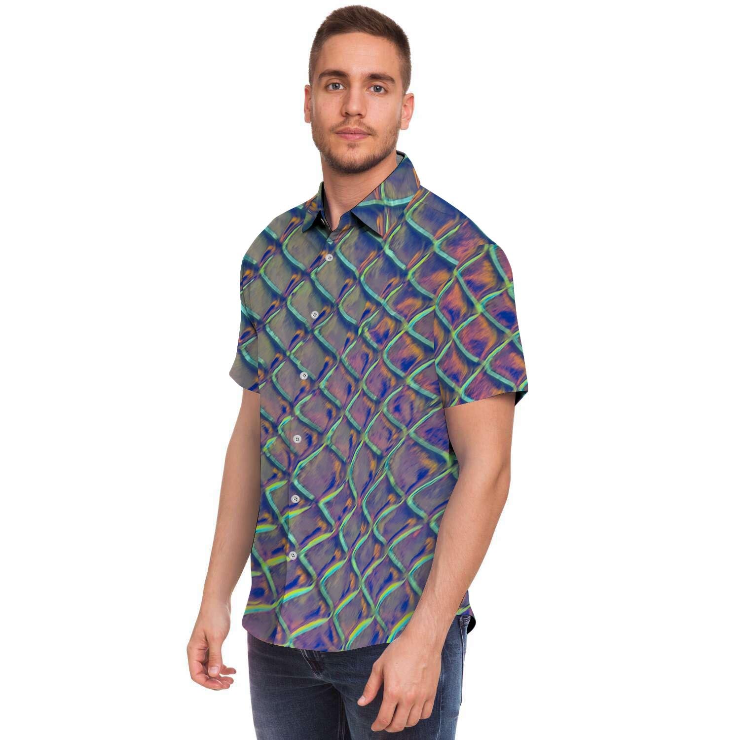 Holographic Snakeskin Print Men's Short Sleeve Shirt-grizzshop