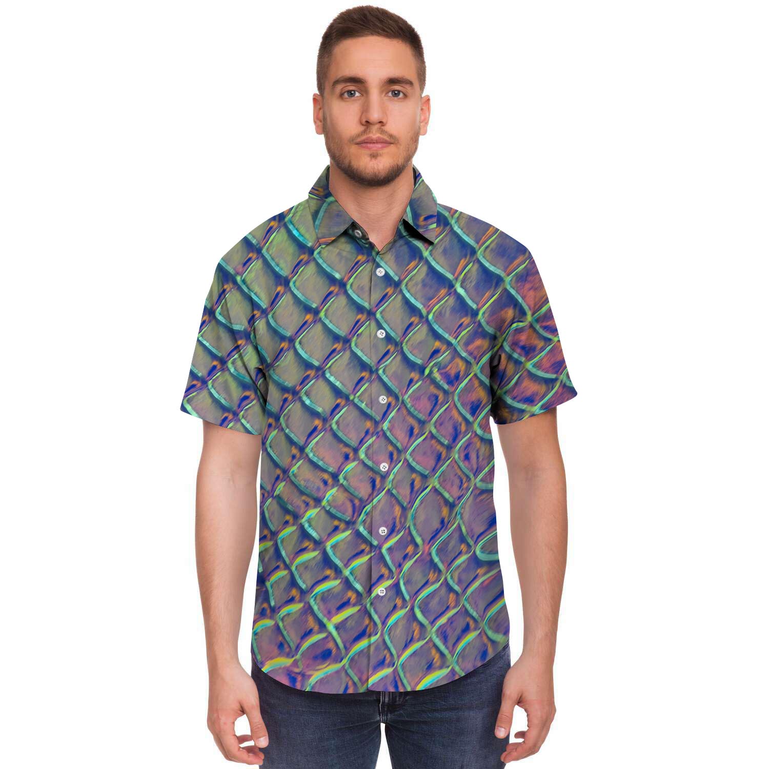 Holographic Snakeskin Print Men's Short Sleeve Shirt-grizzshop