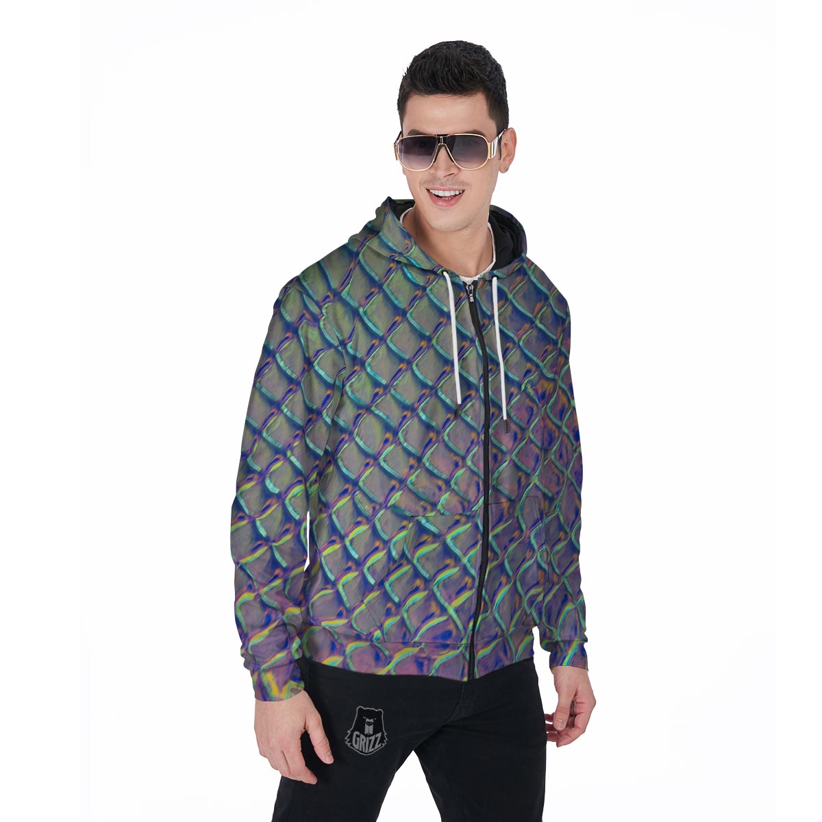 Holographic Snakeskin Print Men's Zip Up Hoodie-grizzshop