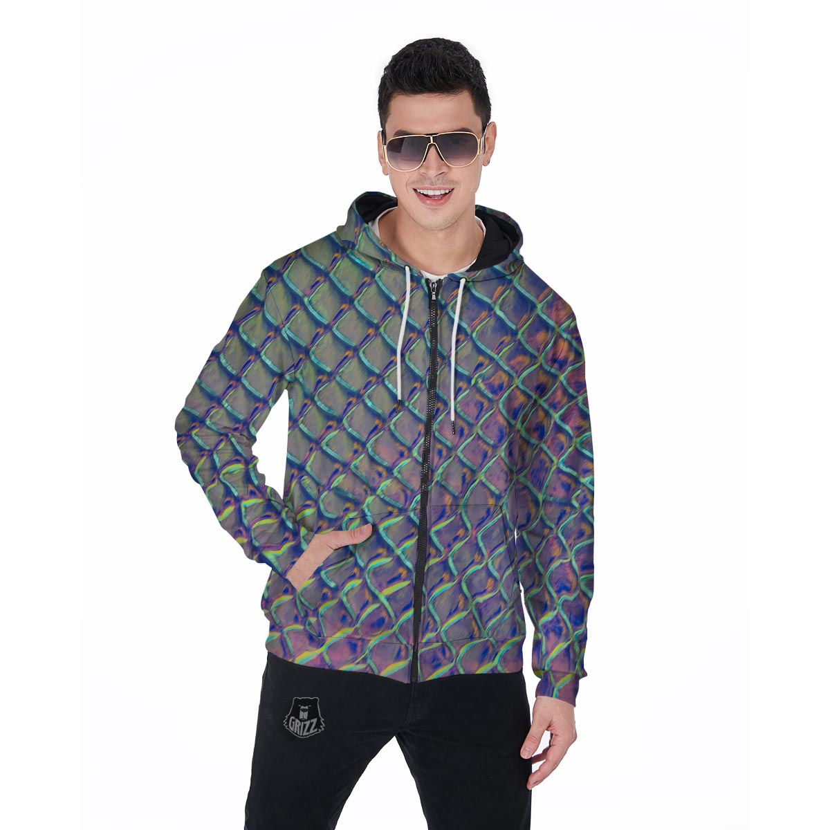 Holographic Snakeskin Print Men's Zip Up Hoodie-grizzshop