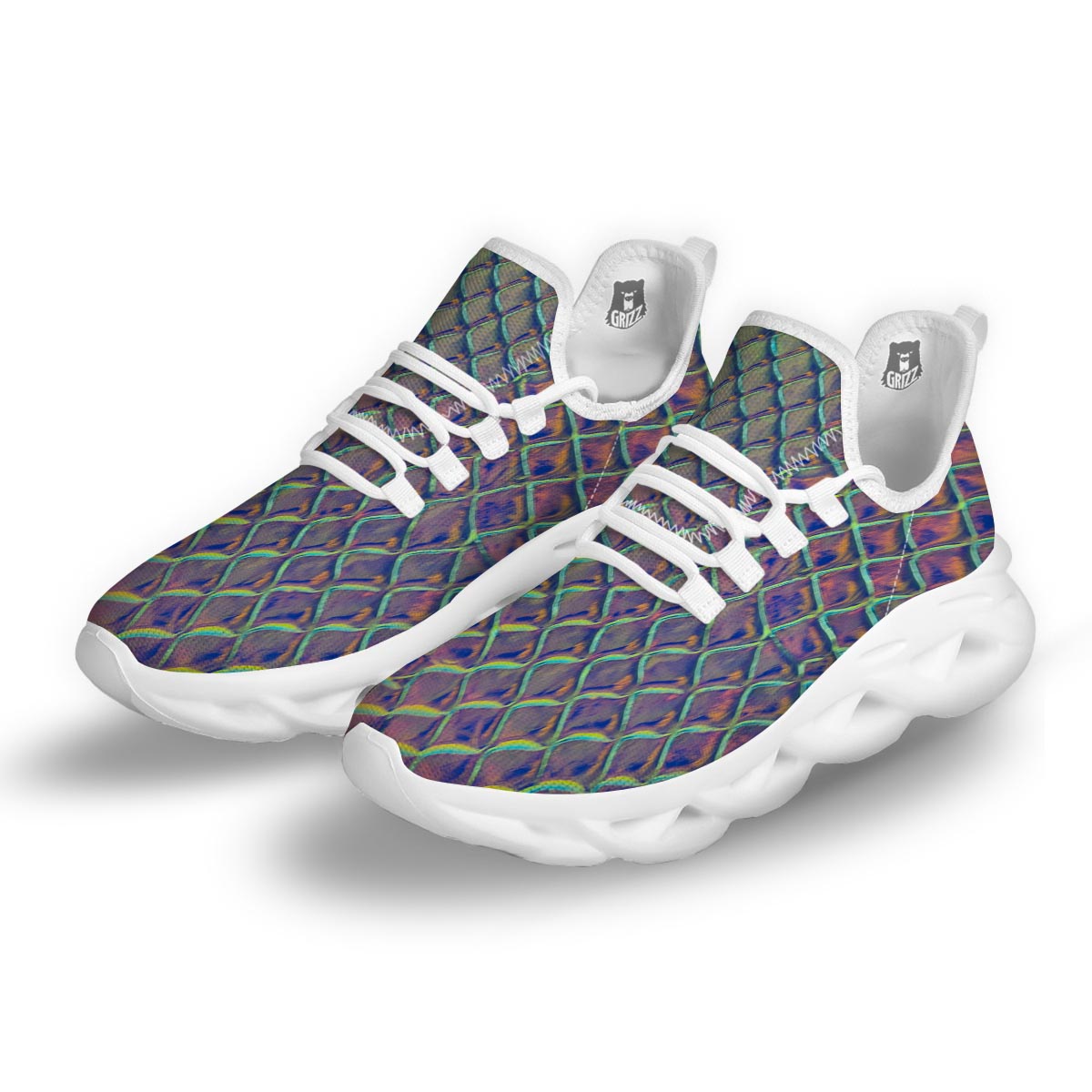 Holographic Snakeskin Print White Running Shoes-grizzshop