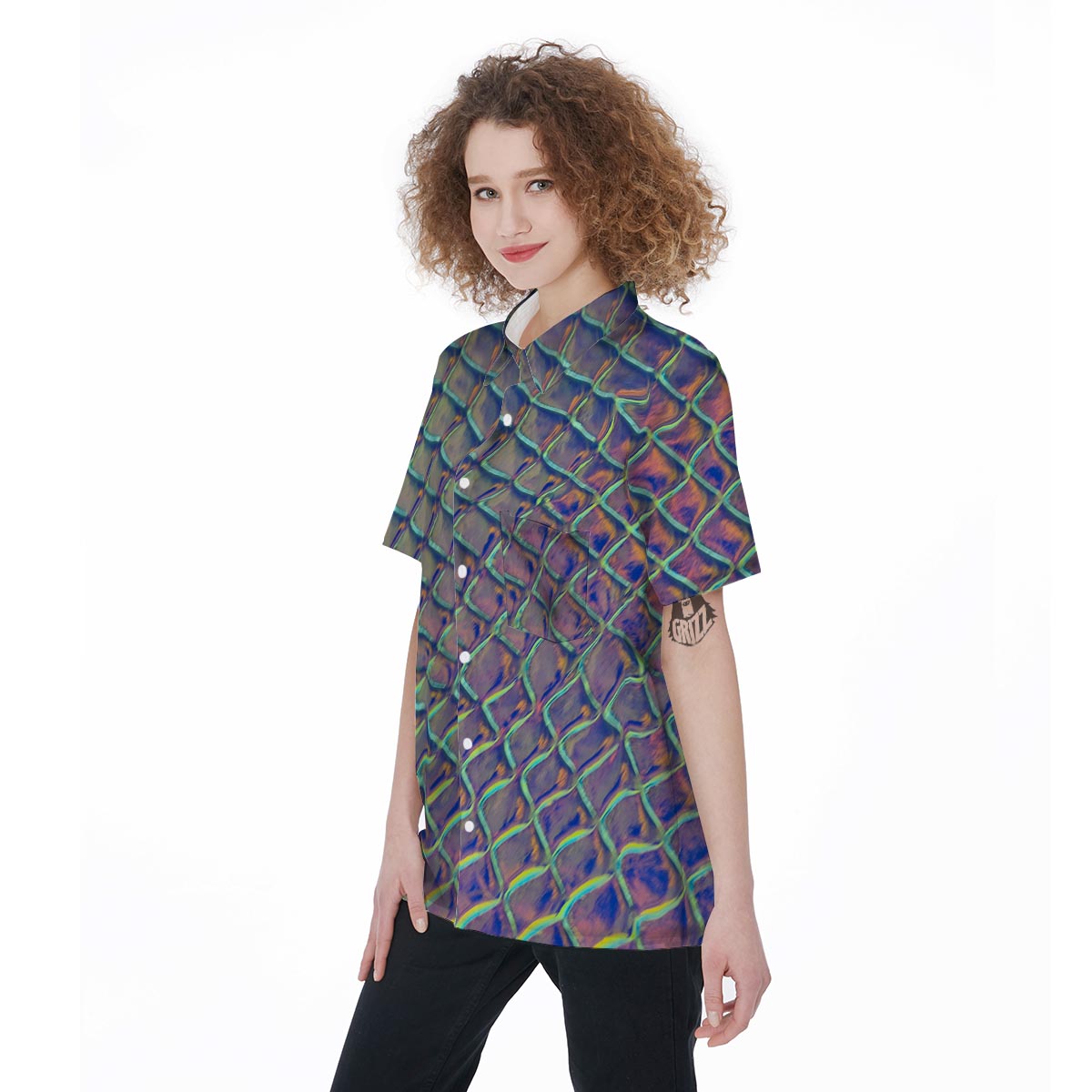 Holographic Snakeskin Print Women's Short Sleeve Shirts-grizzshop