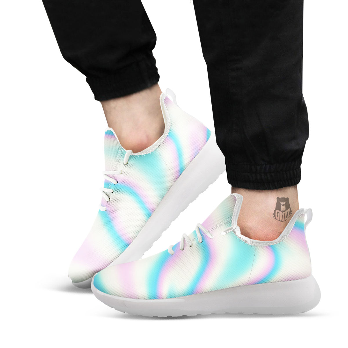 Holographic Teal And Pink Print White Athletic Shoes-grizzshop