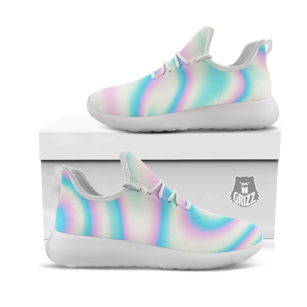 Holographic Teal And Pink Print White Athletic Shoes-grizzshop