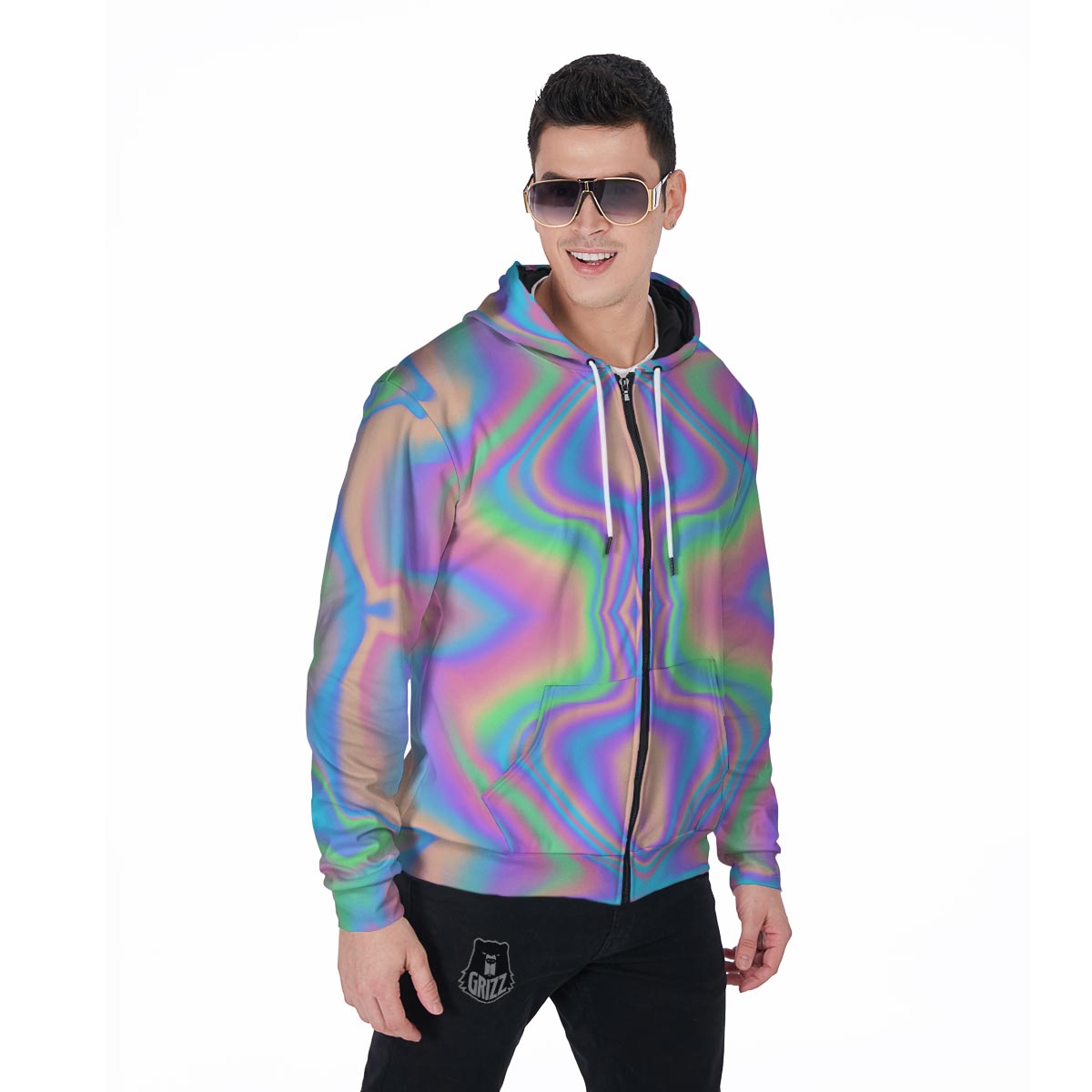 Holographic Trippy Men's Zip Up Hoodie-grizzshop