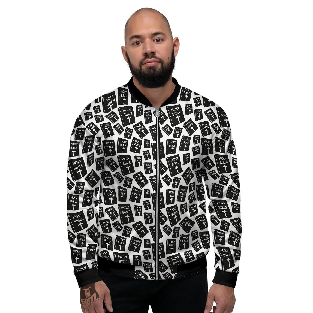 Holy Bible Christian Black Print Pattern Men's Bomber Jacket-grizzshop