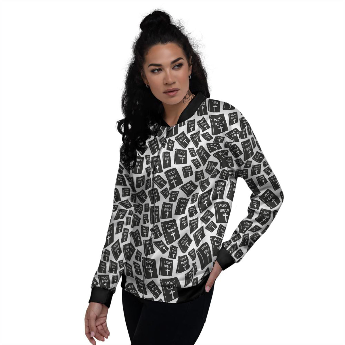Holy Bible Christian Black Print Pattern Women's Bomber Jacket-grizzshop