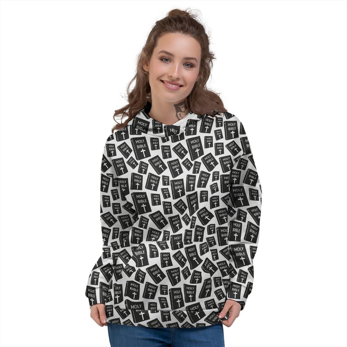 Holy Bible Christian Black Print Pattern Women's Hoodie-grizzshop