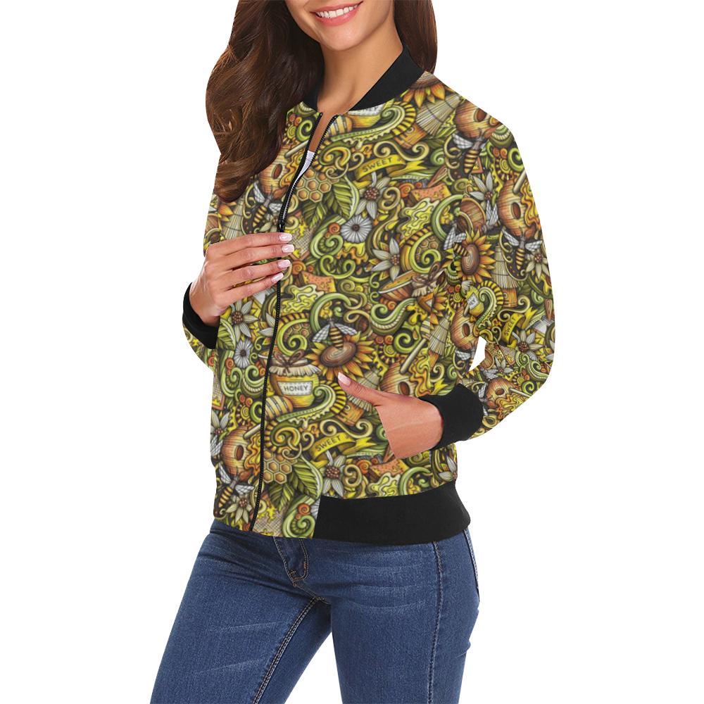 Honey Bee Psychedelic Gifts Pattern Print Women Casual Bomber Jacket-grizzshop