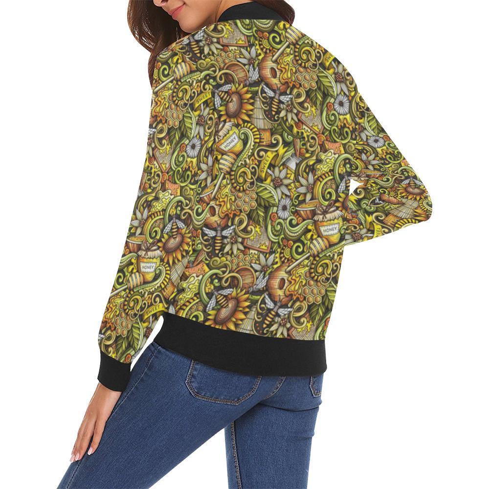 Honey Bee Psychedelic Gifts Pattern Print Women Casual Bomber Jacket-grizzshop