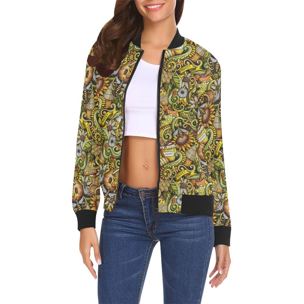 Honey Bee Psychedelic Gifts Pattern Print Women Casual Bomber Jacket-grizzshop