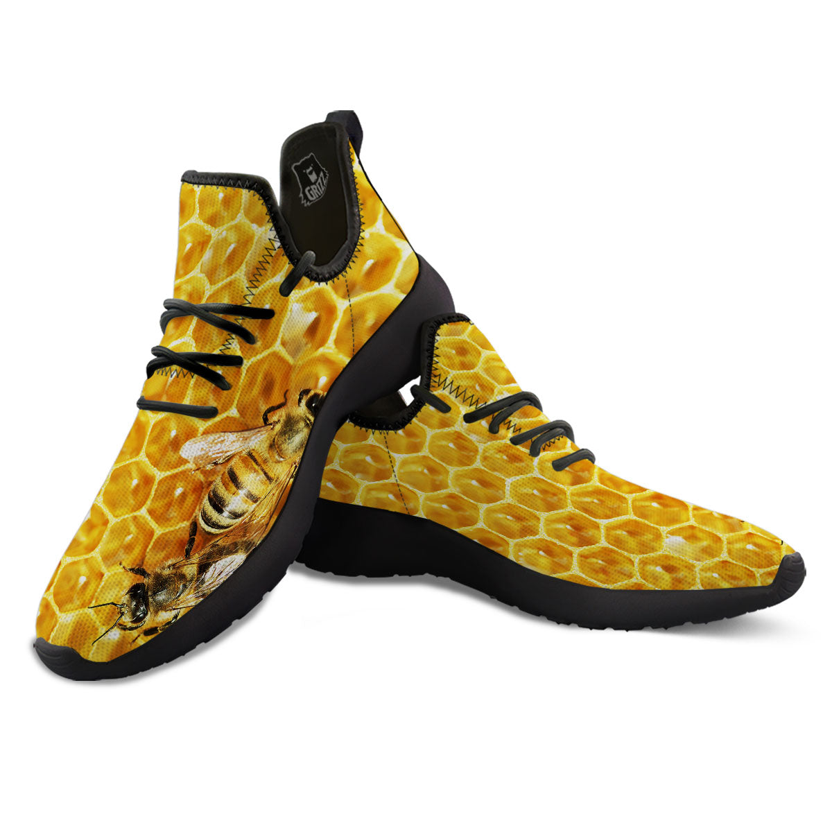 Honeycomb And Bees Print Black Athletic Shoes-grizzshop