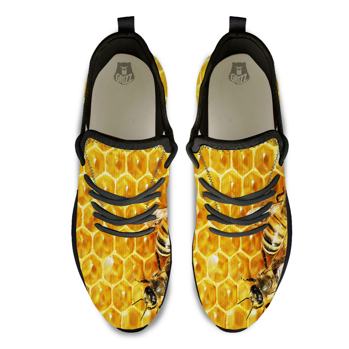 Honeycomb And Bees Print Black Athletic Shoes-grizzshop