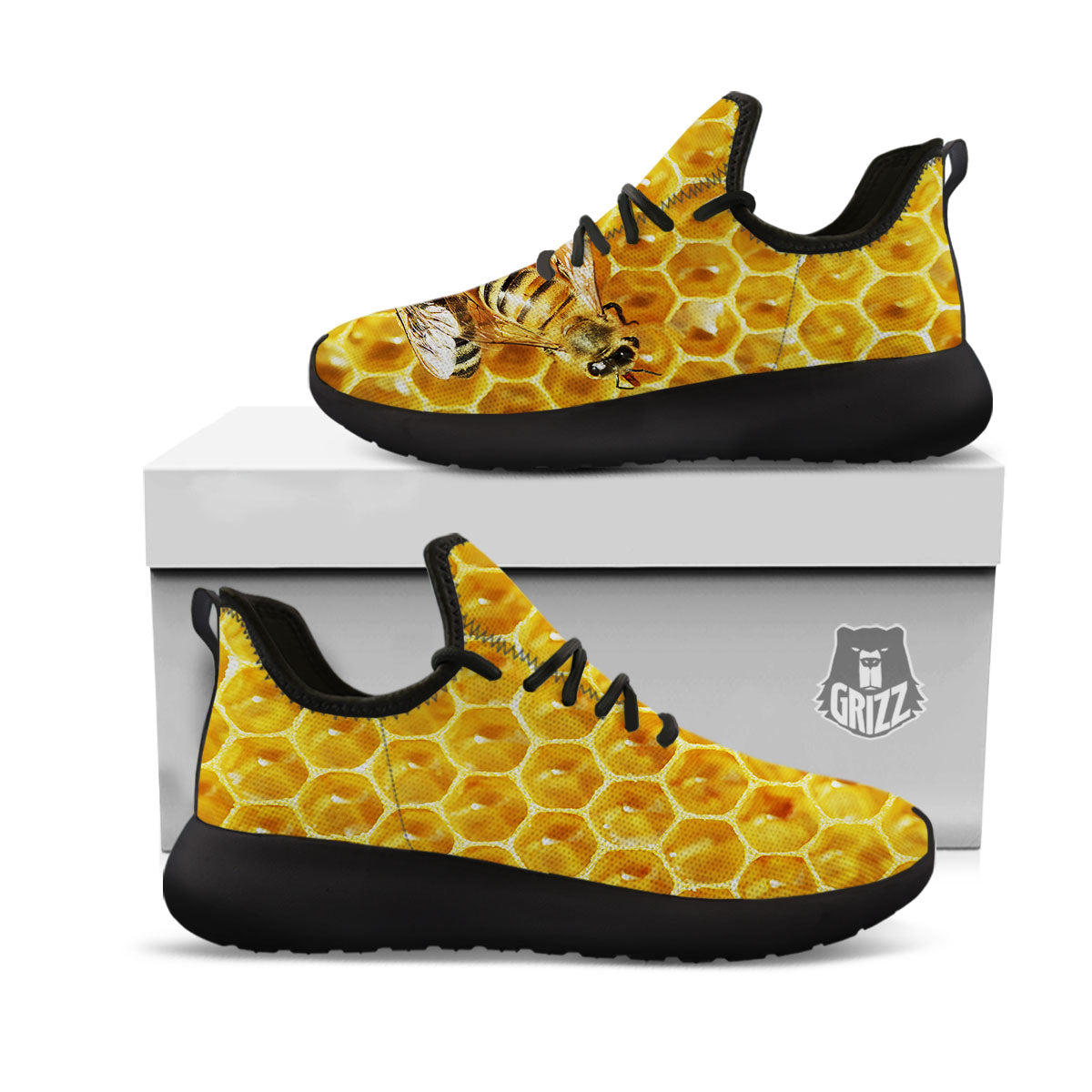 Honeycomb And Bees Print Black Athletic Shoes-grizzshop