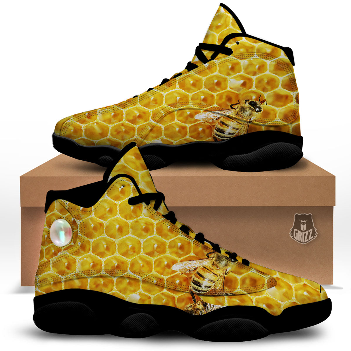 Honeycomb And Bees Print Black Basketball Shoes-grizzshop