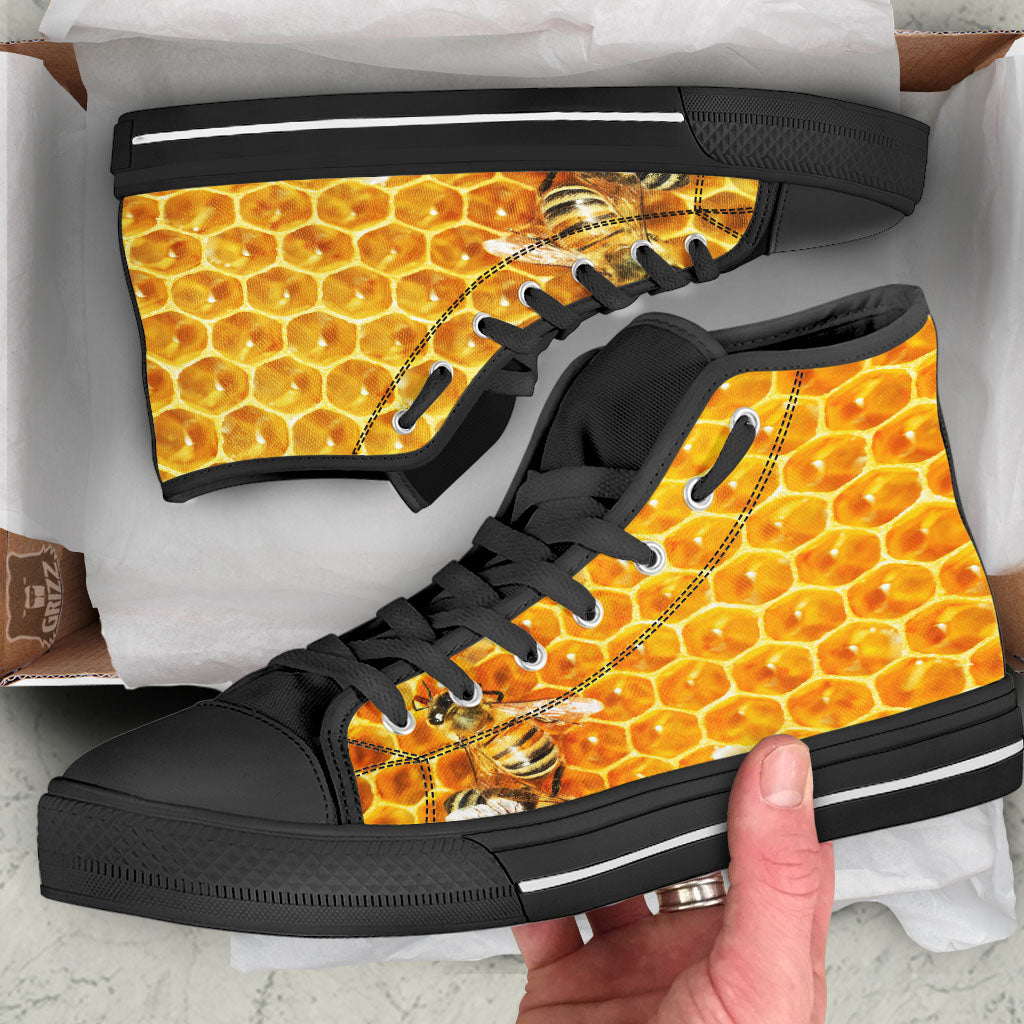Honeycomb And Bees Print Black High Top Shoes-grizzshop
