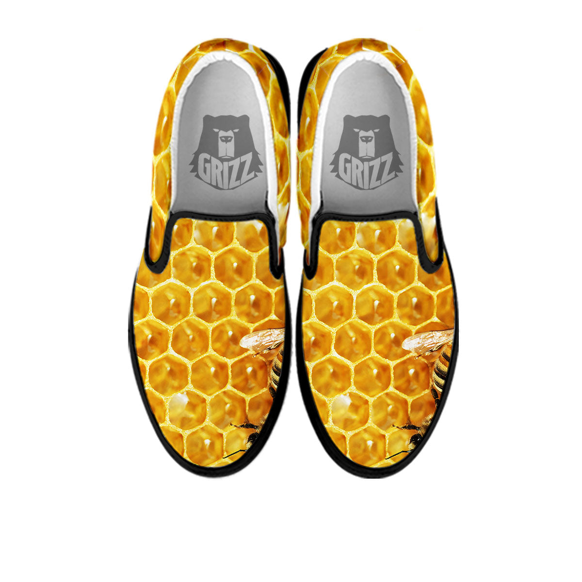 Honeycomb And Bees Print Black Slip On Shoes-grizzshop