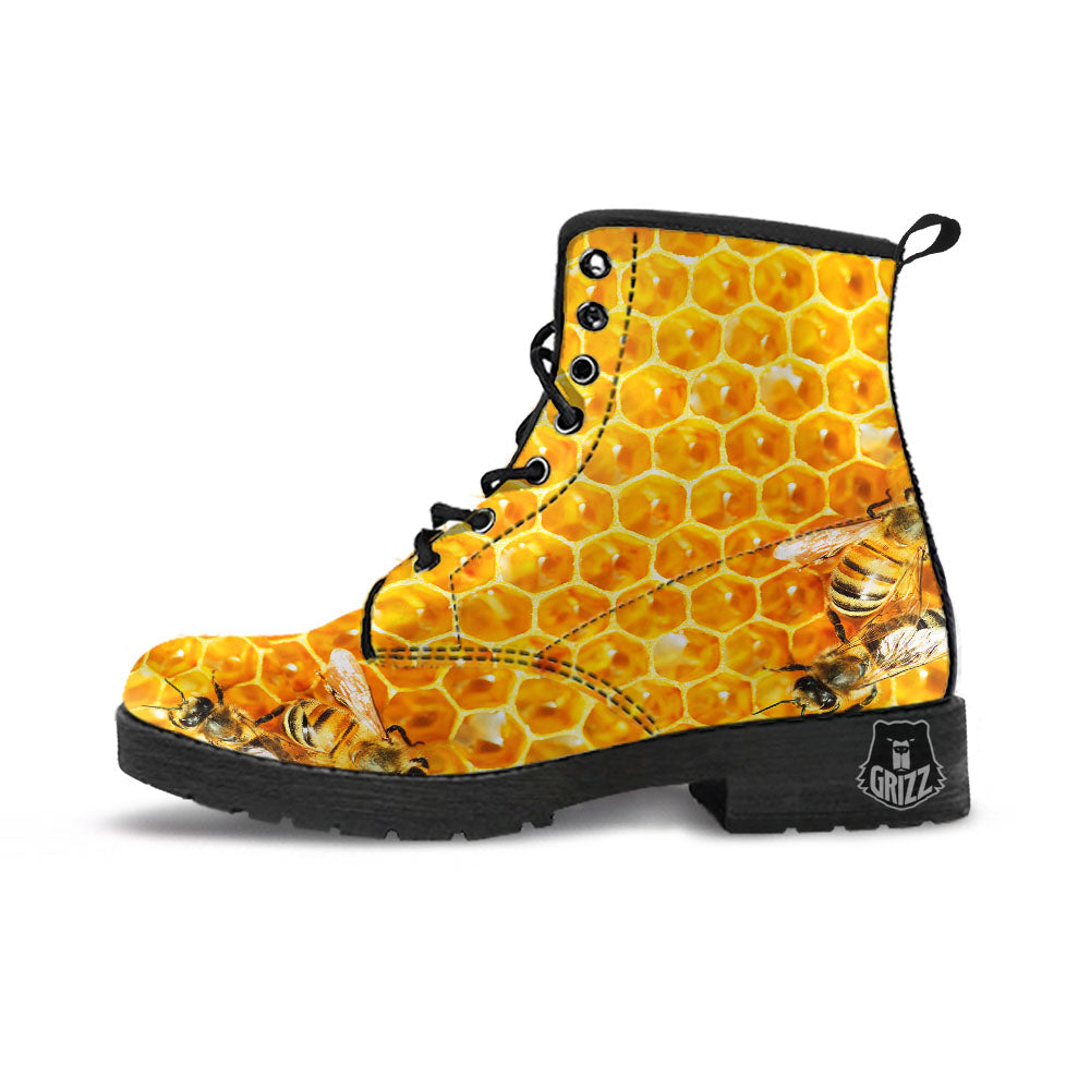 Honeycomb And Bees Print Leather Boots-grizzshop