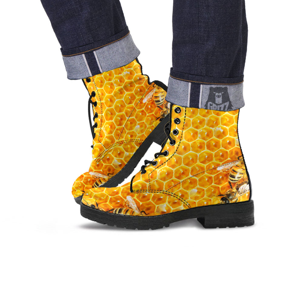 Honeycomb And Bees Print Leather Boots-grizzshop
