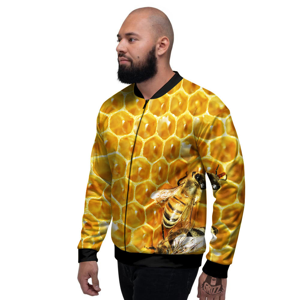 Honeycomb And Bees Print Men's Bomber Jacket-grizzshop