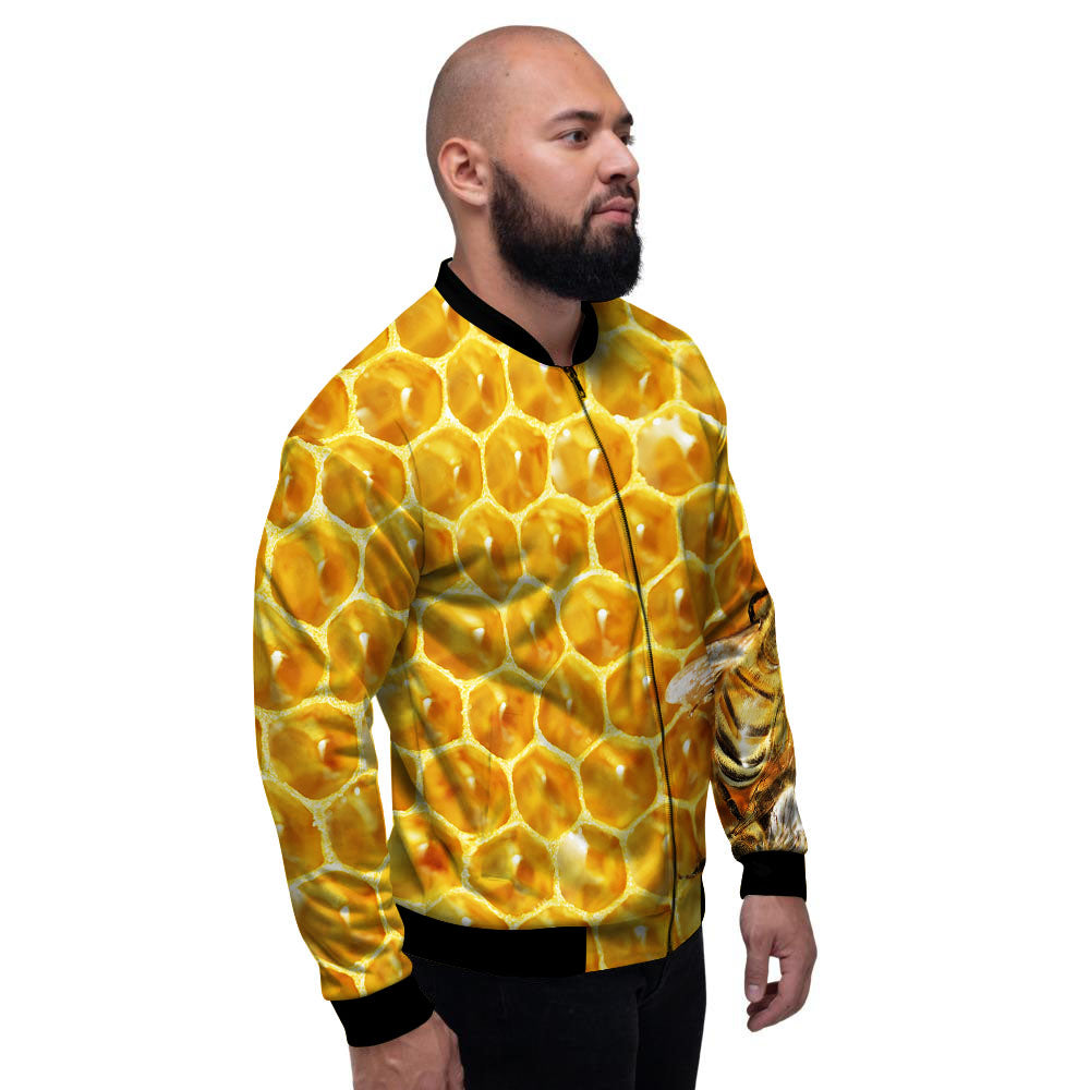 Honeycomb And Bees Print Men's Bomber Jacket-grizzshop