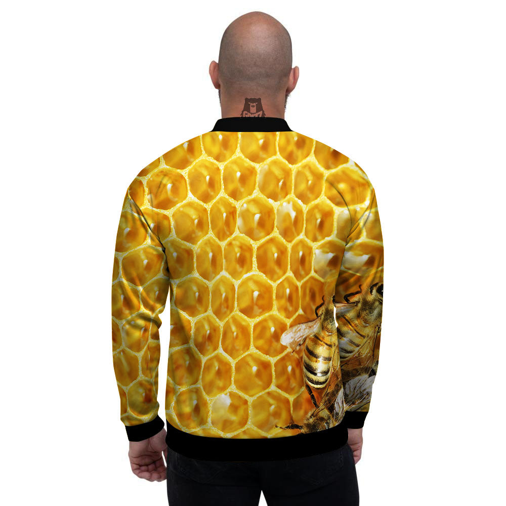 Honeycomb And Bees Print Men's Bomber Jacket-grizzshop