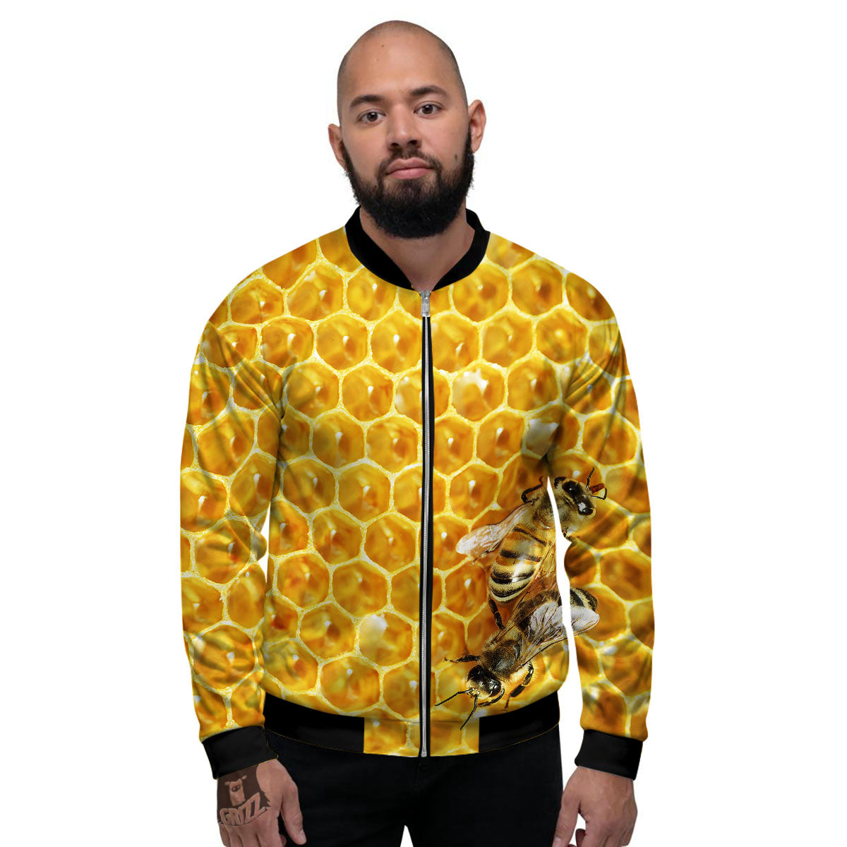 Honeycomb And Bees Print Men's Bomber Jacket-grizzshop