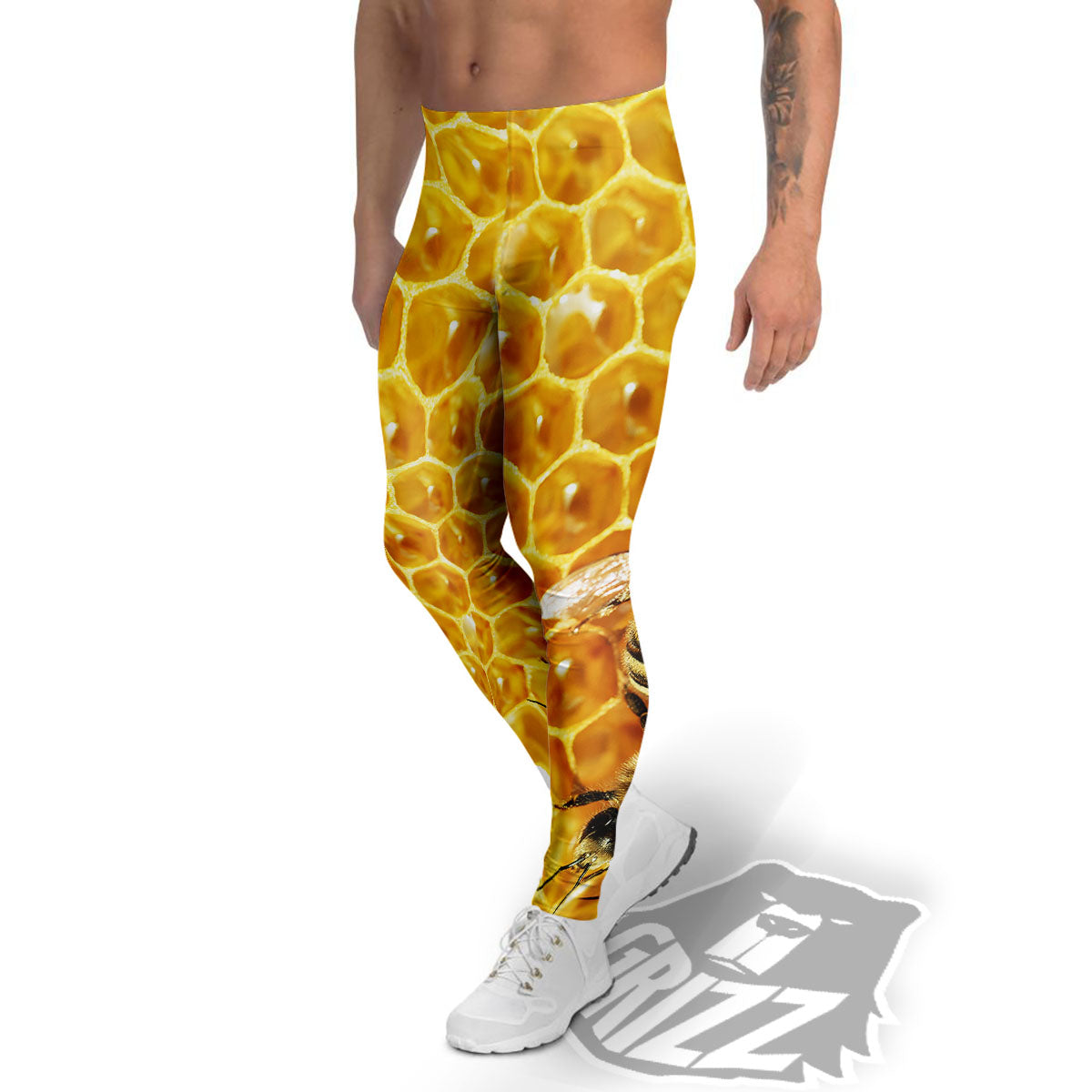 Honeycomb And Bees Print Men's Leggings-grizzshop