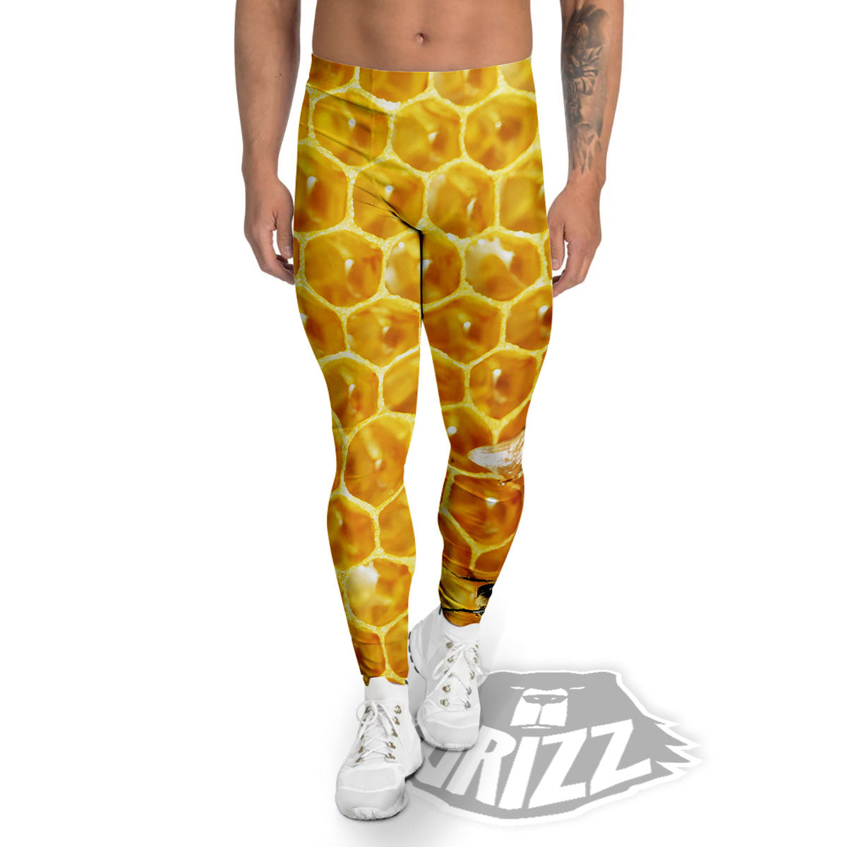 Honeycomb And Bees Print Men's Leggings-grizzshop