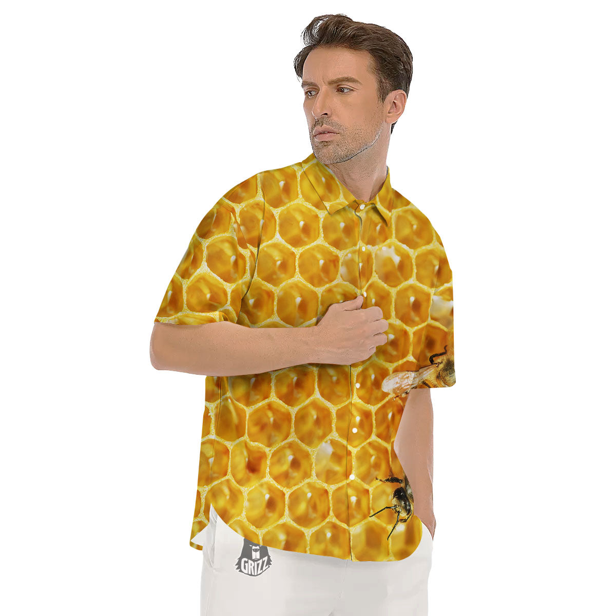 Honeycomb And Bees Print Men's Short Sleeve Shirts-grizzshop