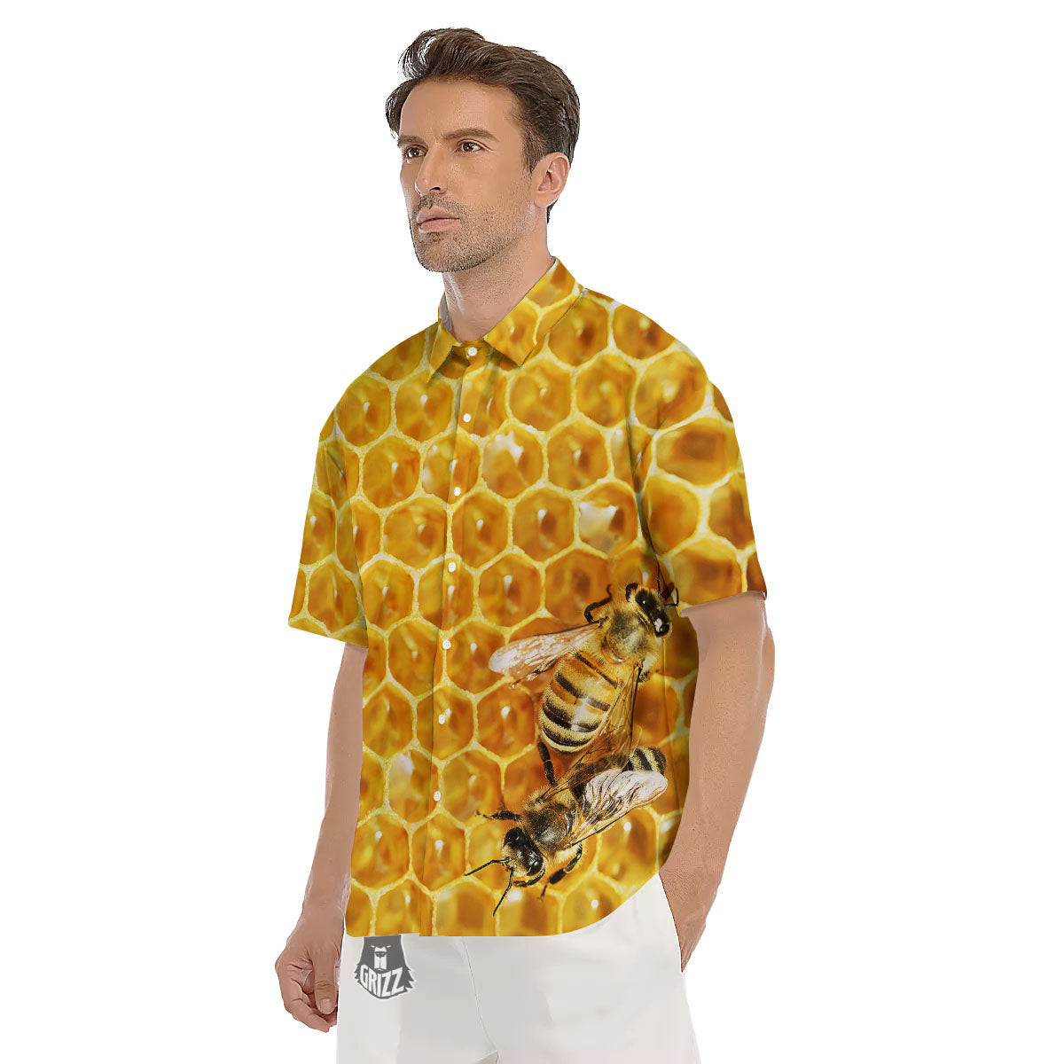 Honeycomb And Bees Print Men's Short Sleeve Shirts-grizzshop