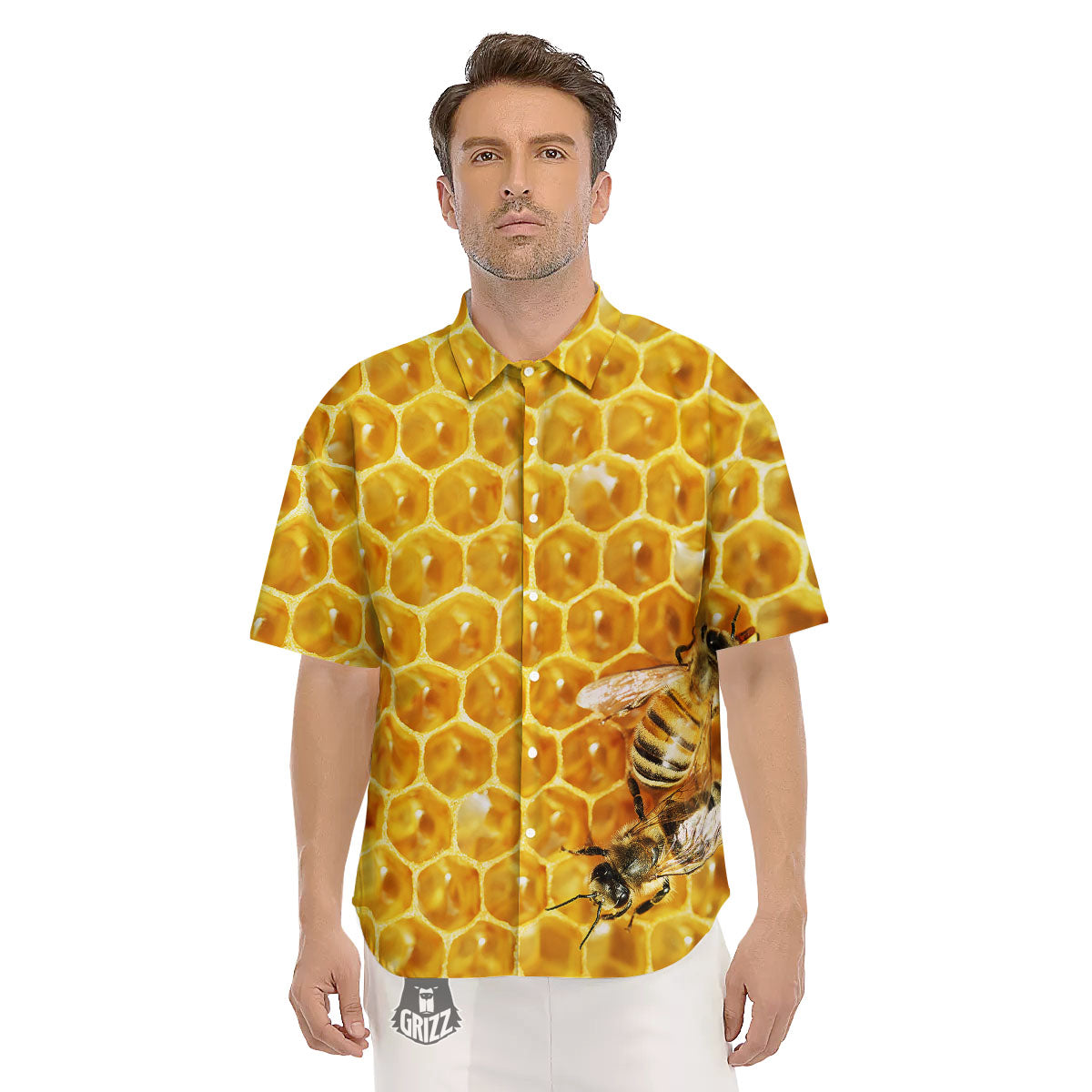 Honeycomb And Bees Print Men's Short Sleeve Shirts-grizzshop