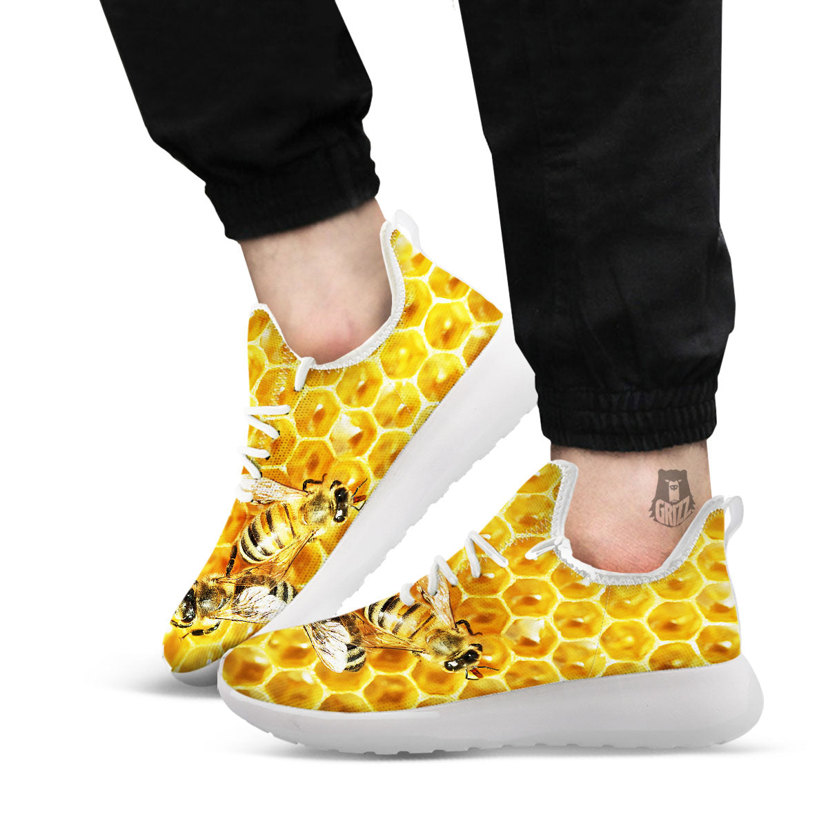 Honeycomb And Bees Print White Athletic Shoes-grizzshop