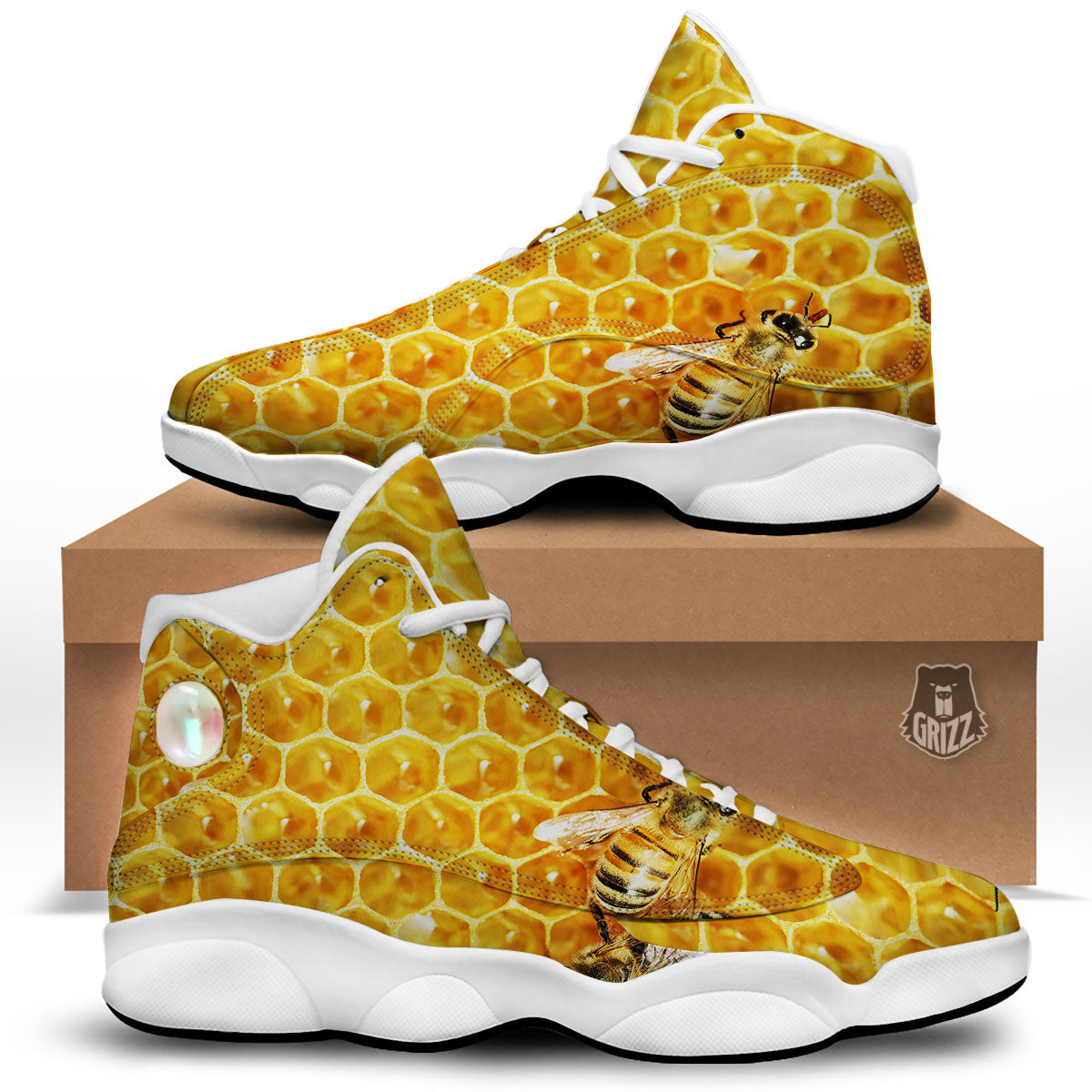 Honeycomb And Bees Print White Basketball Shoes-grizzshop