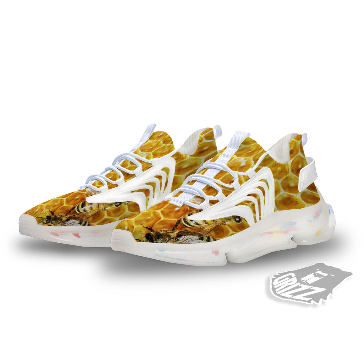 Honeycomb And Bees Print White Gym Shoes-grizzshop