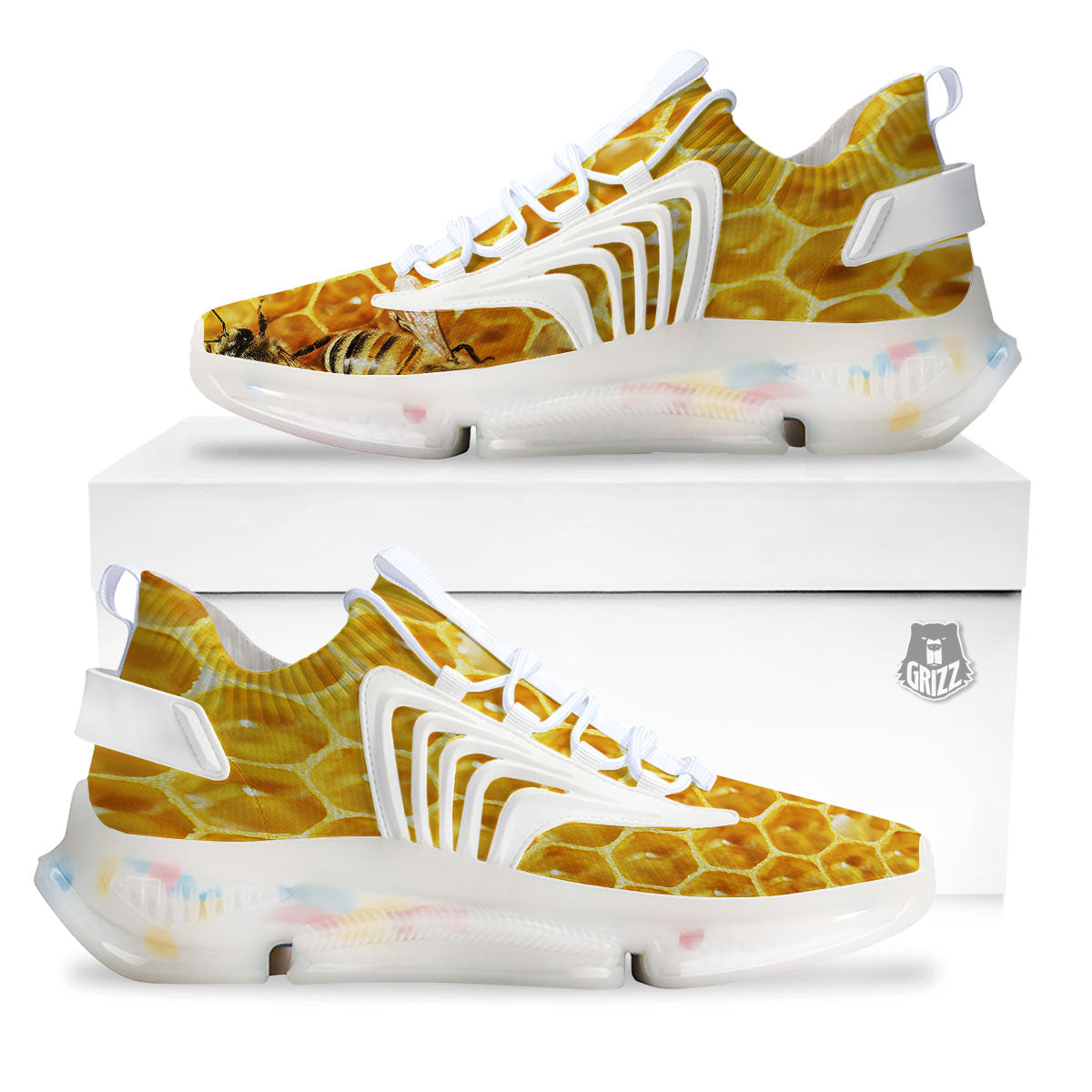 Honeycomb And Bees Print White Gym Shoes-grizzshop