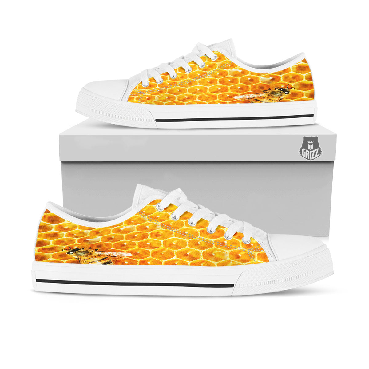 Honeycomb And Bees Print White Low Top Shoes-grizzshop
