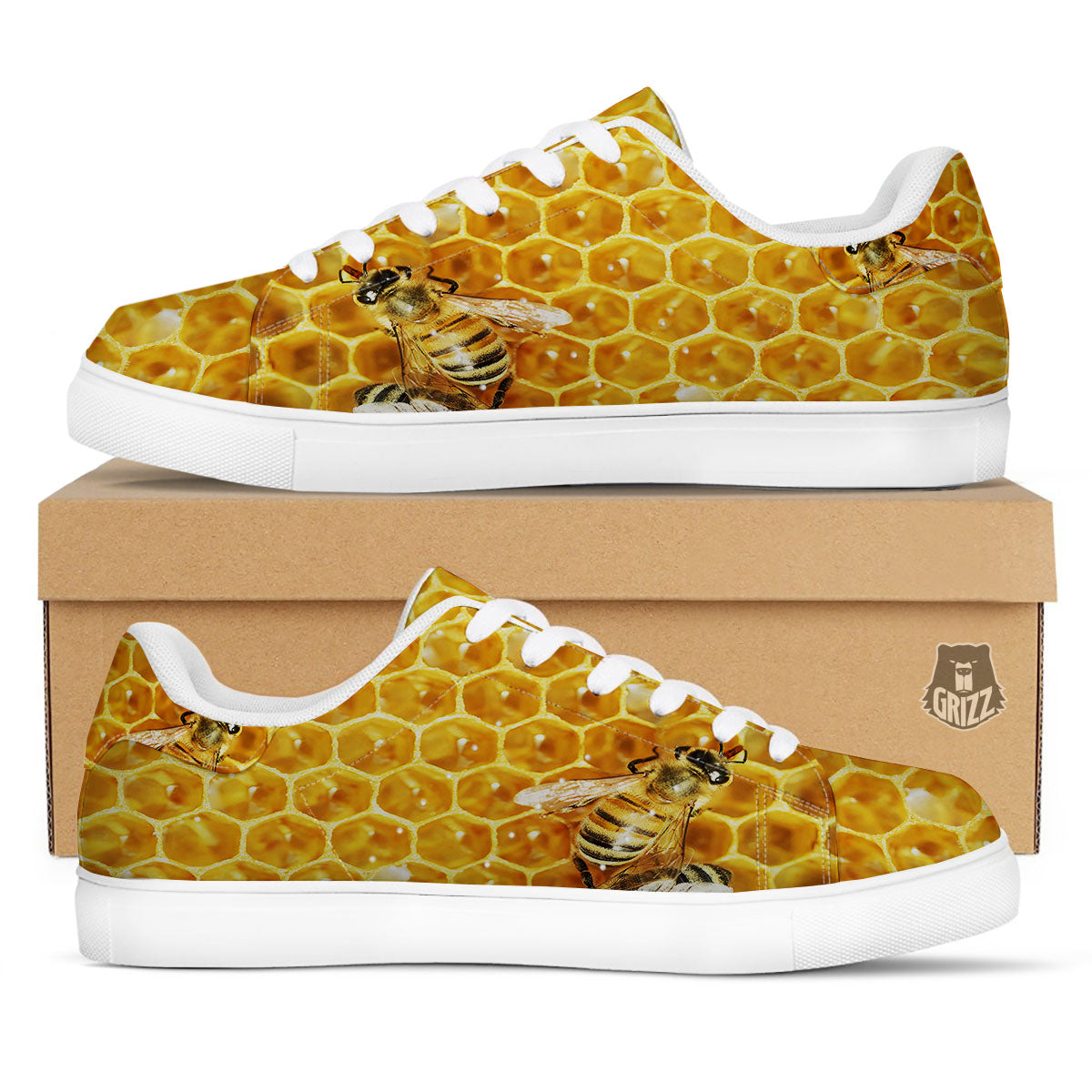 Honeycomb And Bees Print White Low Top Sneakers-grizzshop
