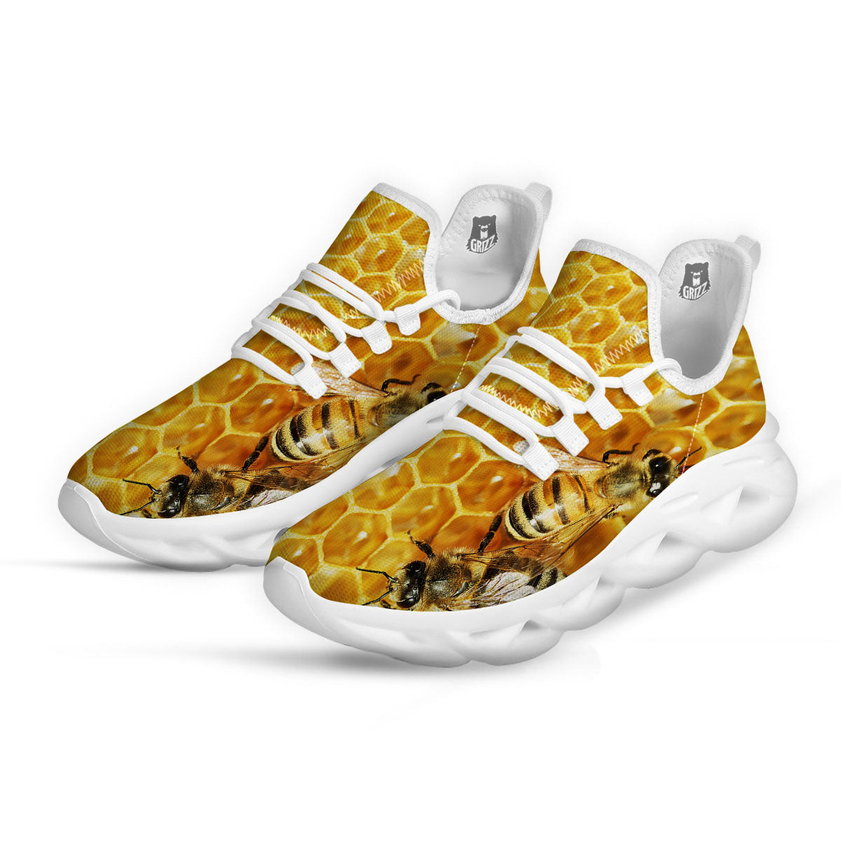 Honeycomb And Bees Print White Running Shoes-grizzshop