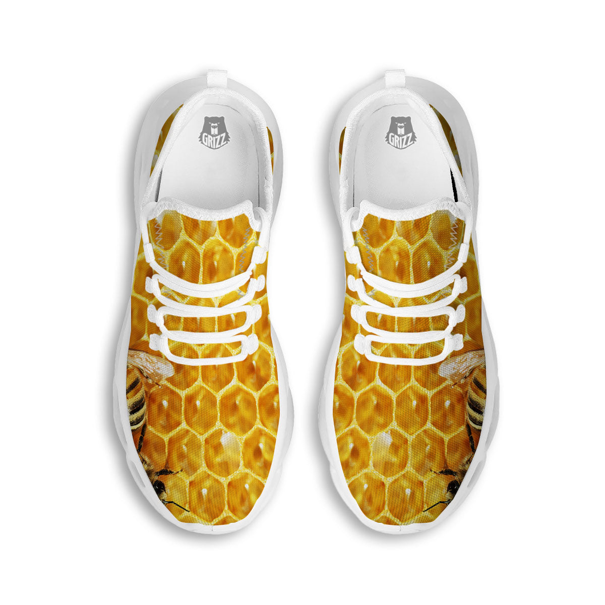 Honeycomb And Bees Print White Running Shoes-grizzshop
