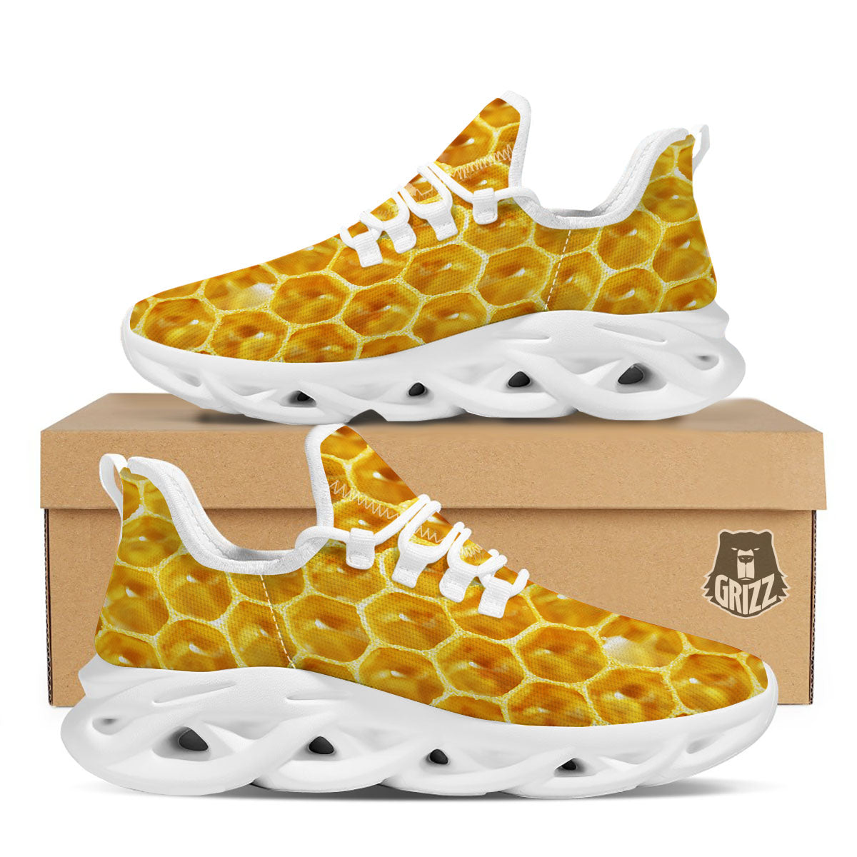 Honeycomb And Bees Print White Running Shoes-grizzshop
