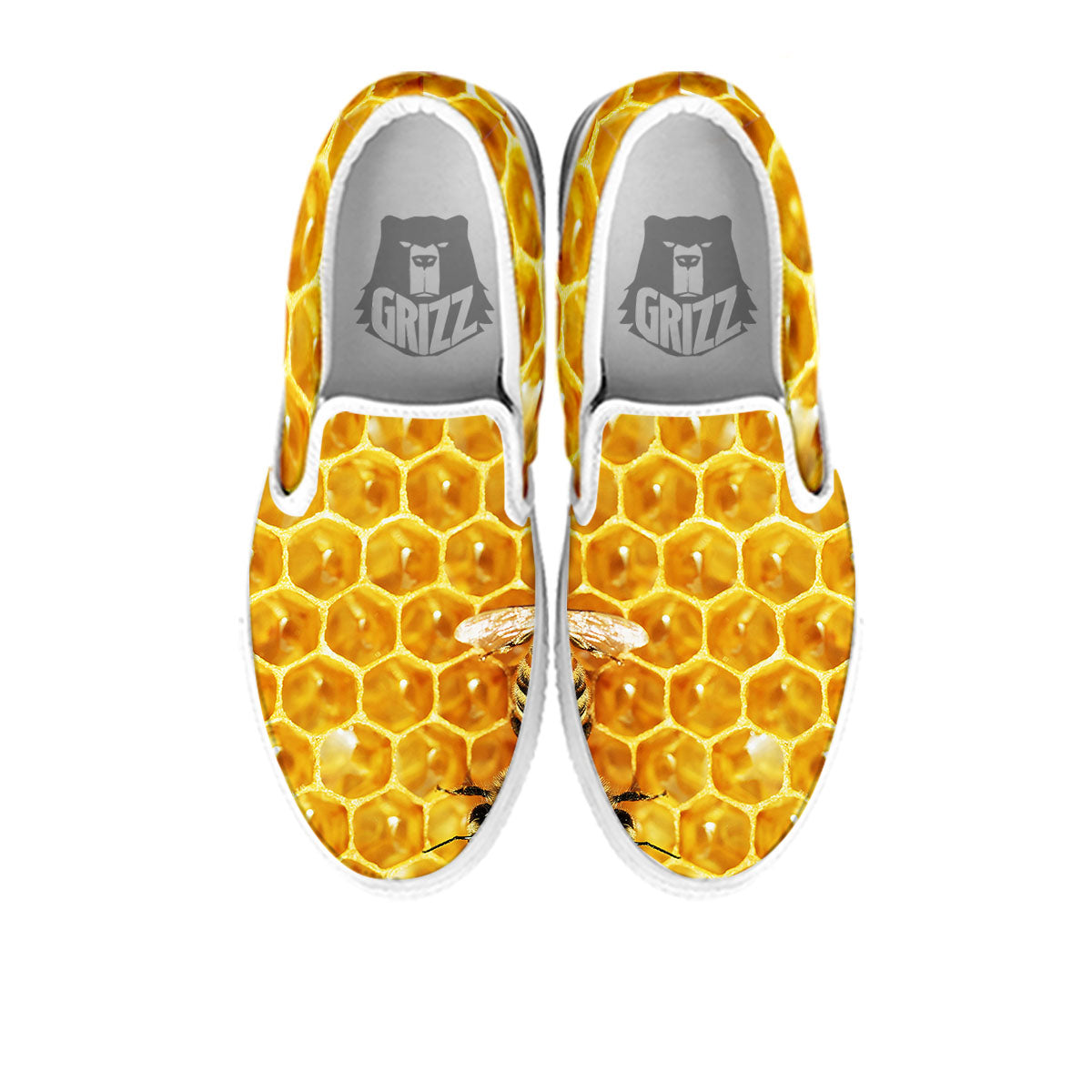 Honeycomb And Bees Print White Slip On Shoes-grizzshop