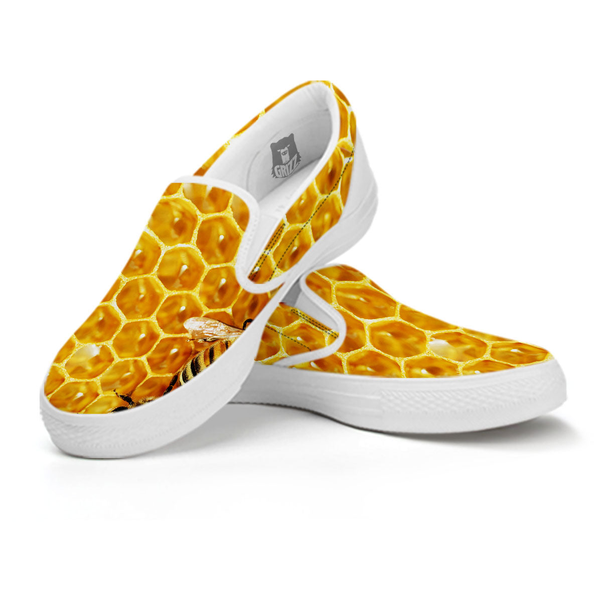 Honeycomb And Bees Print White Slip On Shoes-grizzshop