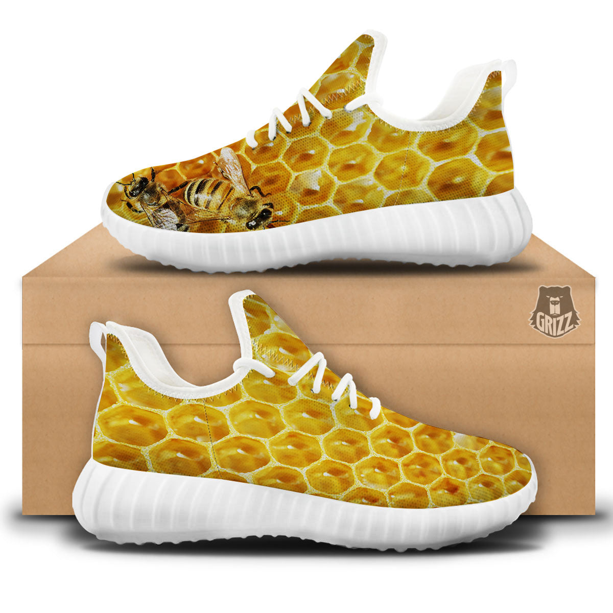 Honeycomb And Bees Print White Walking Shoes-grizzshop