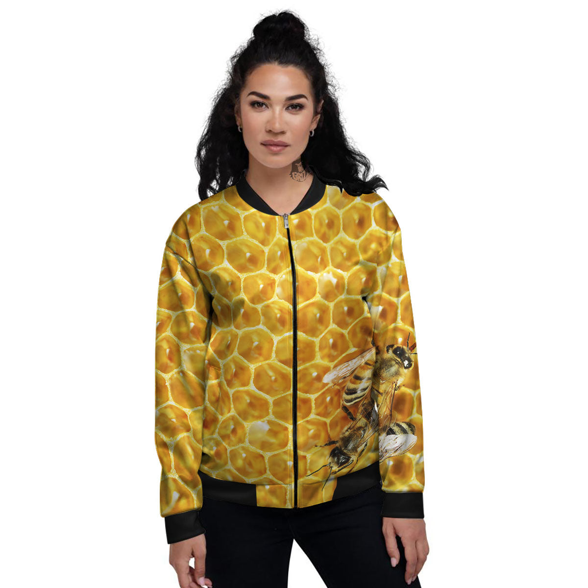 Honeycomb And Bees Print Women's Bomber Jacket-grizzshop
