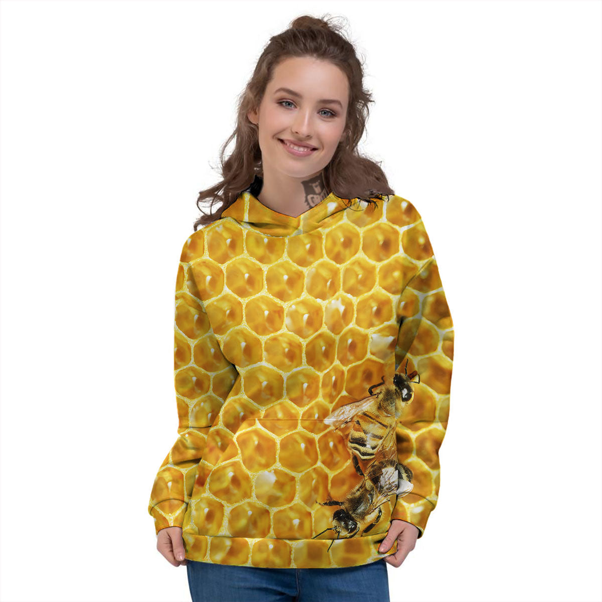 Honeycomb And Bees Print Women's Hoodie-grizzshop