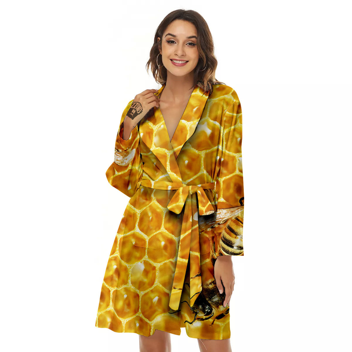Honeycomb And Bees Print Women's Robe-grizzshop