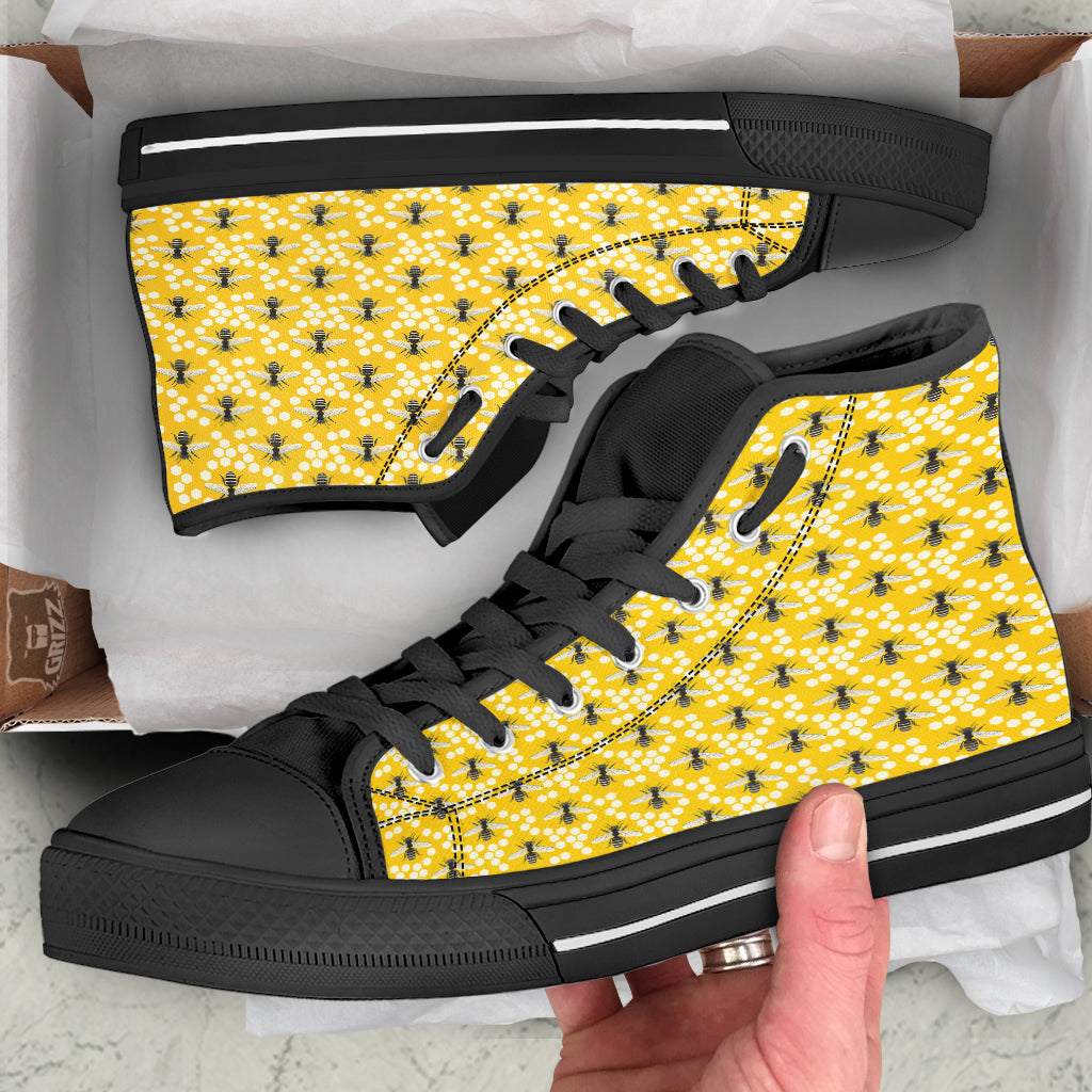 Honeycomb Bee Print Pattern Black High Top Shoes-grizzshop