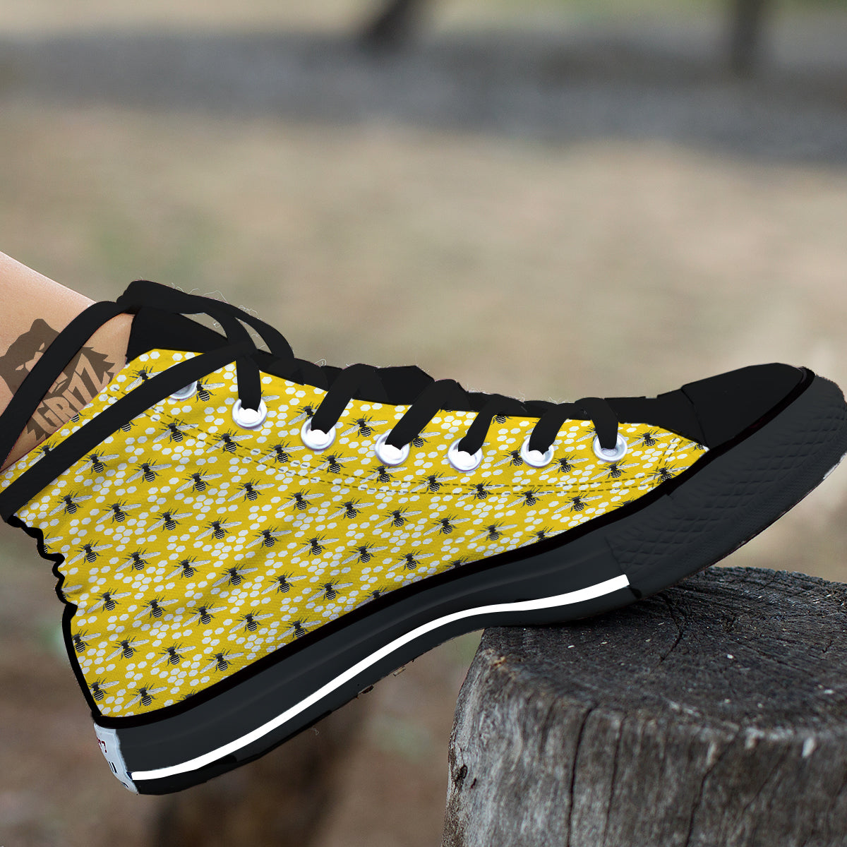 Honeycomb Bee Print Pattern Black High Top Shoes-grizzshop