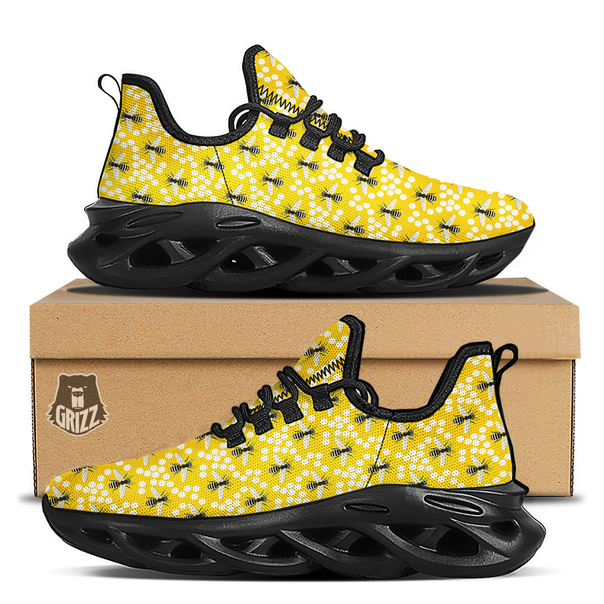 Honeycomb Bee Print Pattern Black Running Shoes-grizzshop